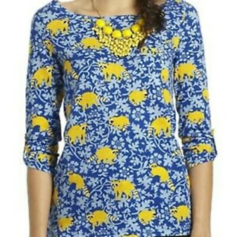 Anthropologie Postmark Raccoon 🦝 Blue Yellow Tee Top 3/4 Sleeves M